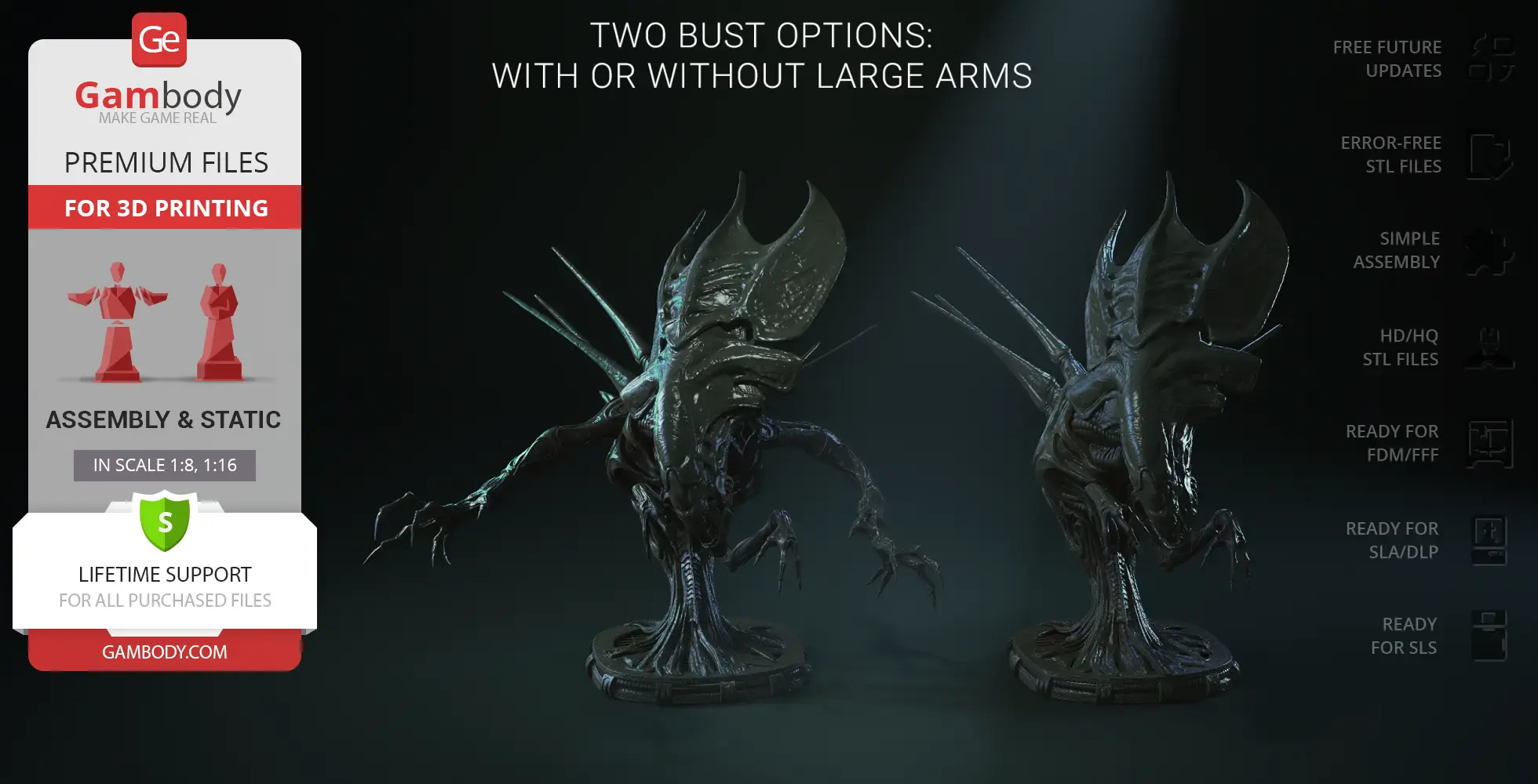 Two Xenomorph Queen busts for 3D printing, one with large arms, on display stands.