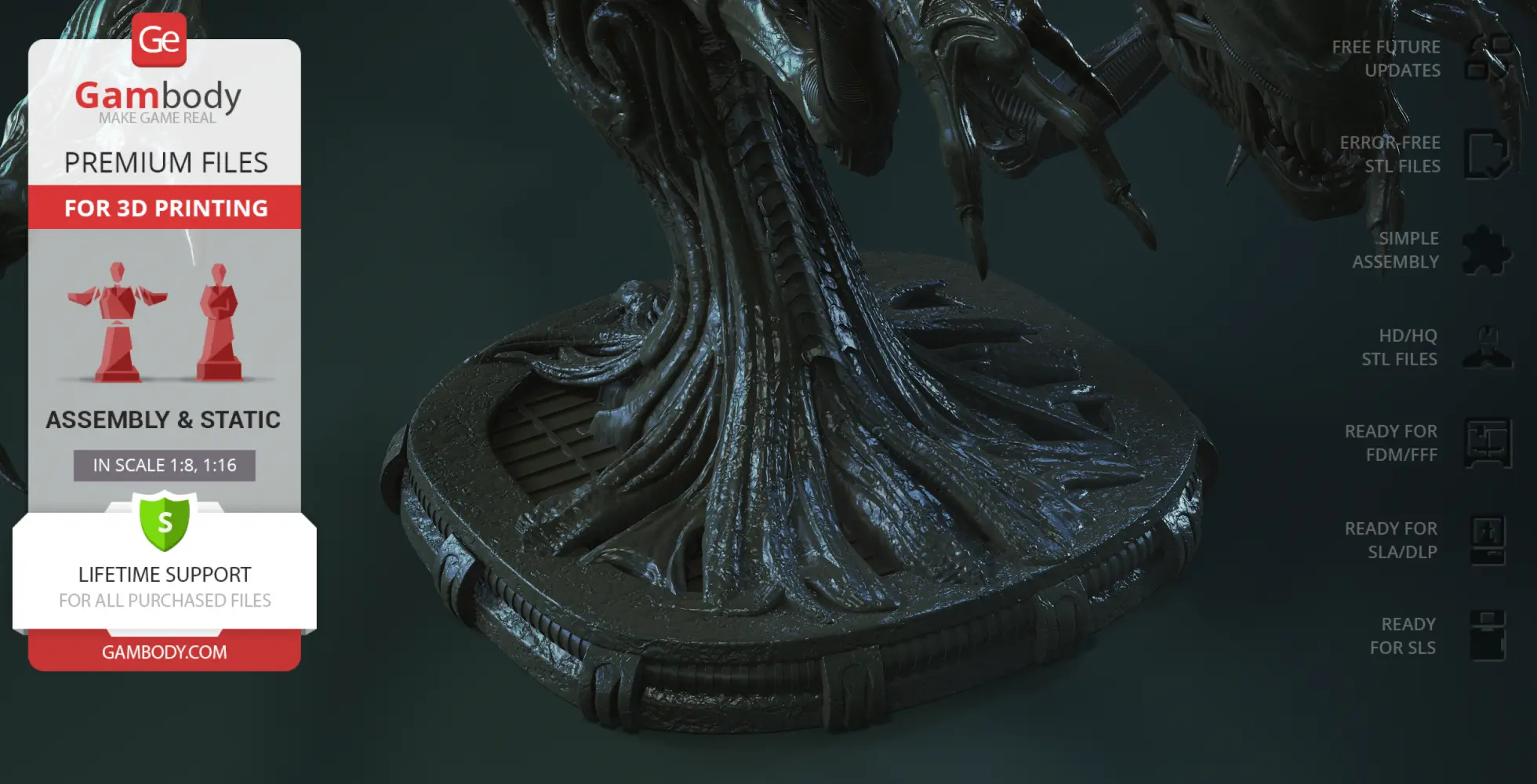 Intricate Xenomorph Queen bust model with detailed textures on a decorative base.