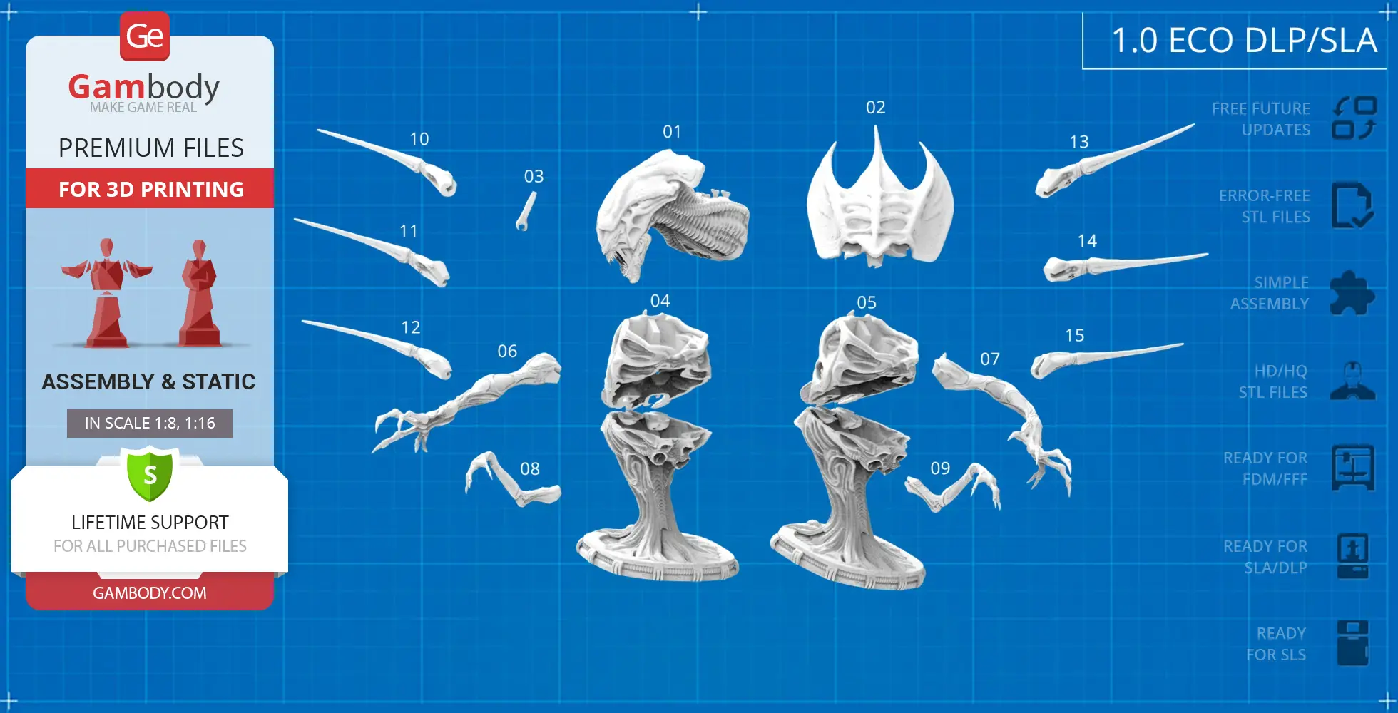 Xenomorph Queen bust 3D model parts labeled for assembly, on a blue grid background.