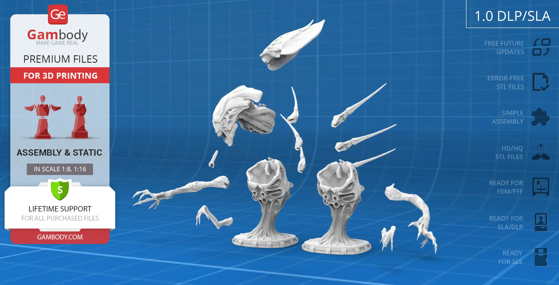 3D model assembly of a Xenomorph Queen bust with detachable parts for printing.
