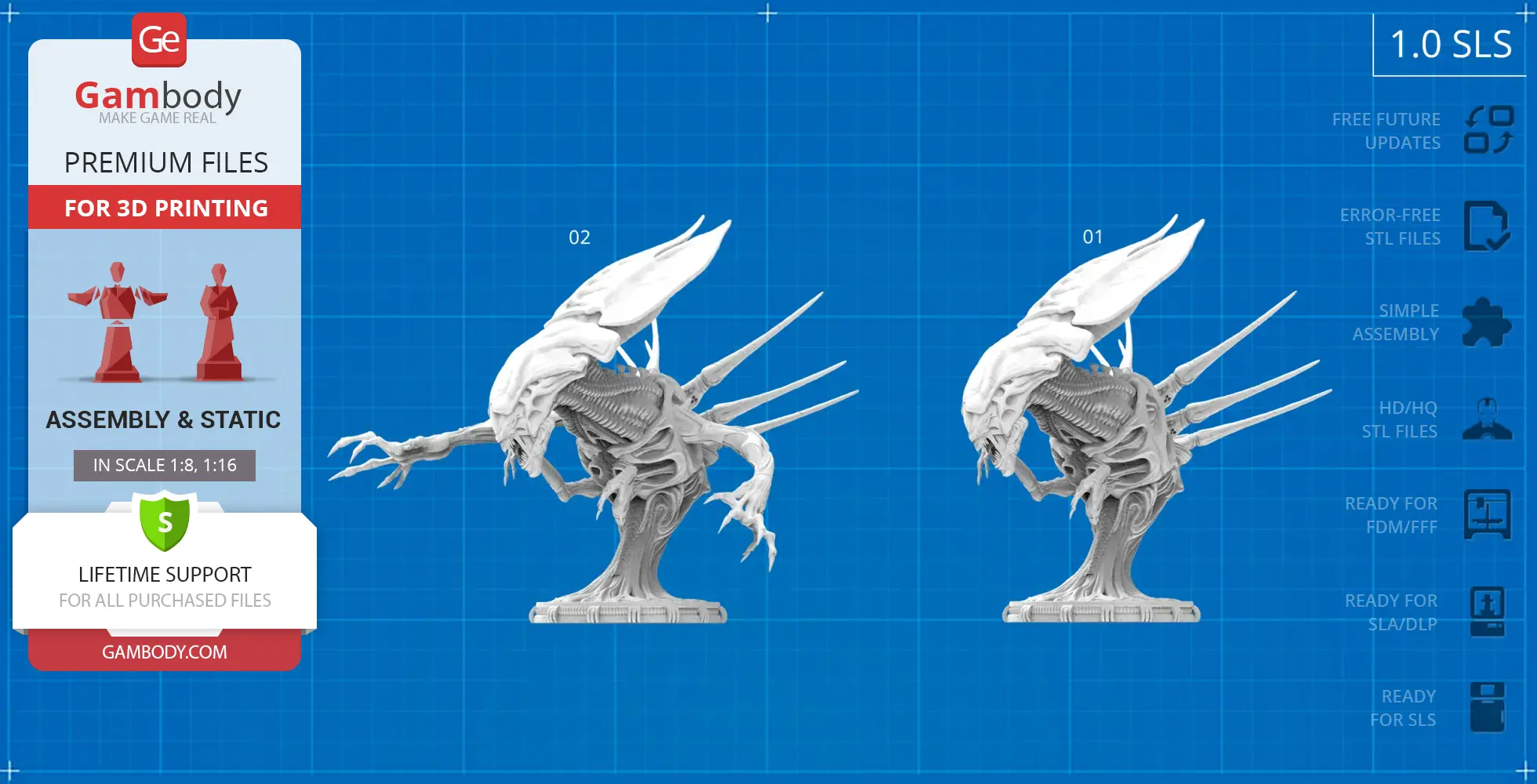 A detailed 3D printable bust of a Xenomorph Queen from AvP, shown on a blue grid background.