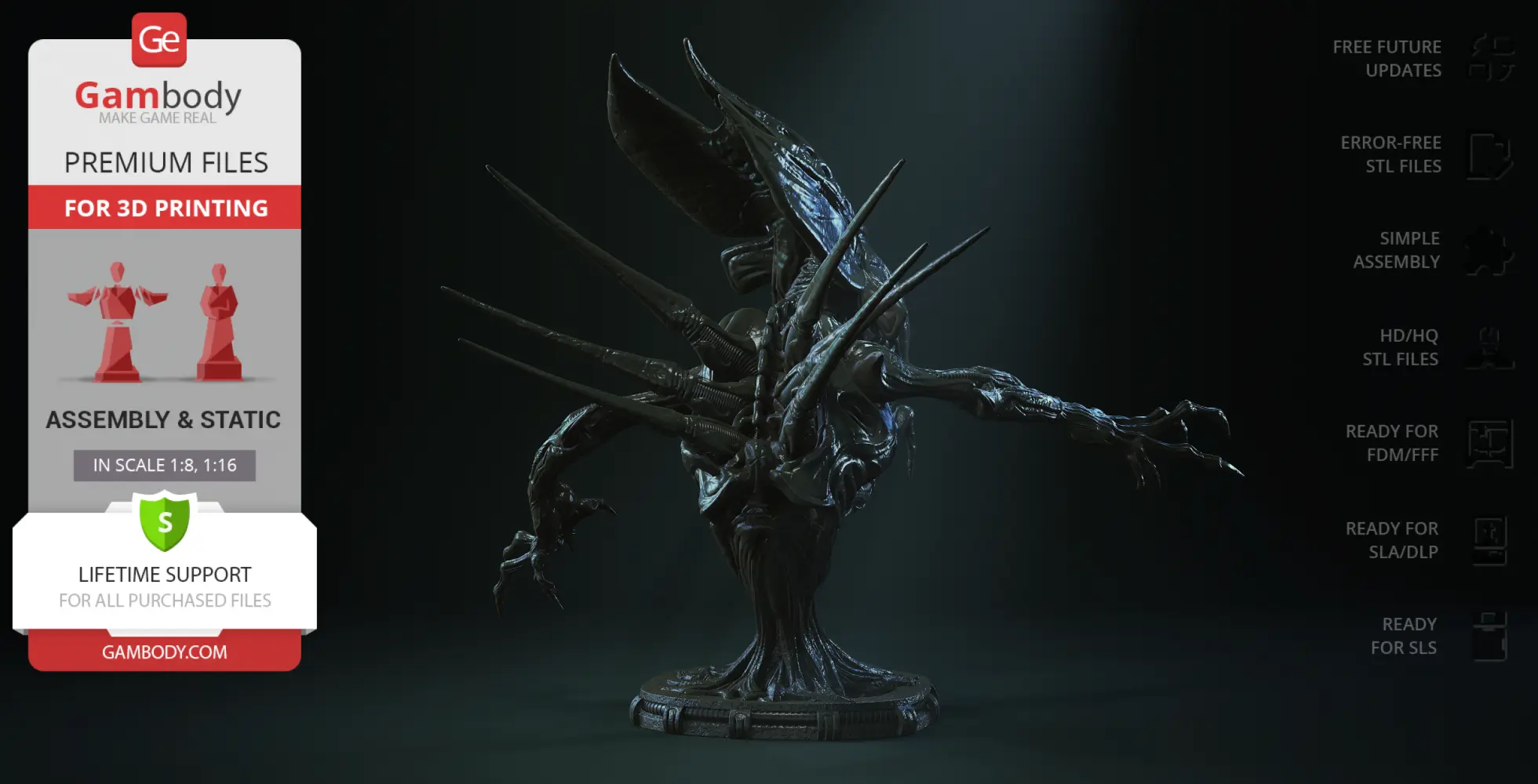 Dark, intricate alien creature bust with elongated head, sharp spines, and detailed base for 3D printing.