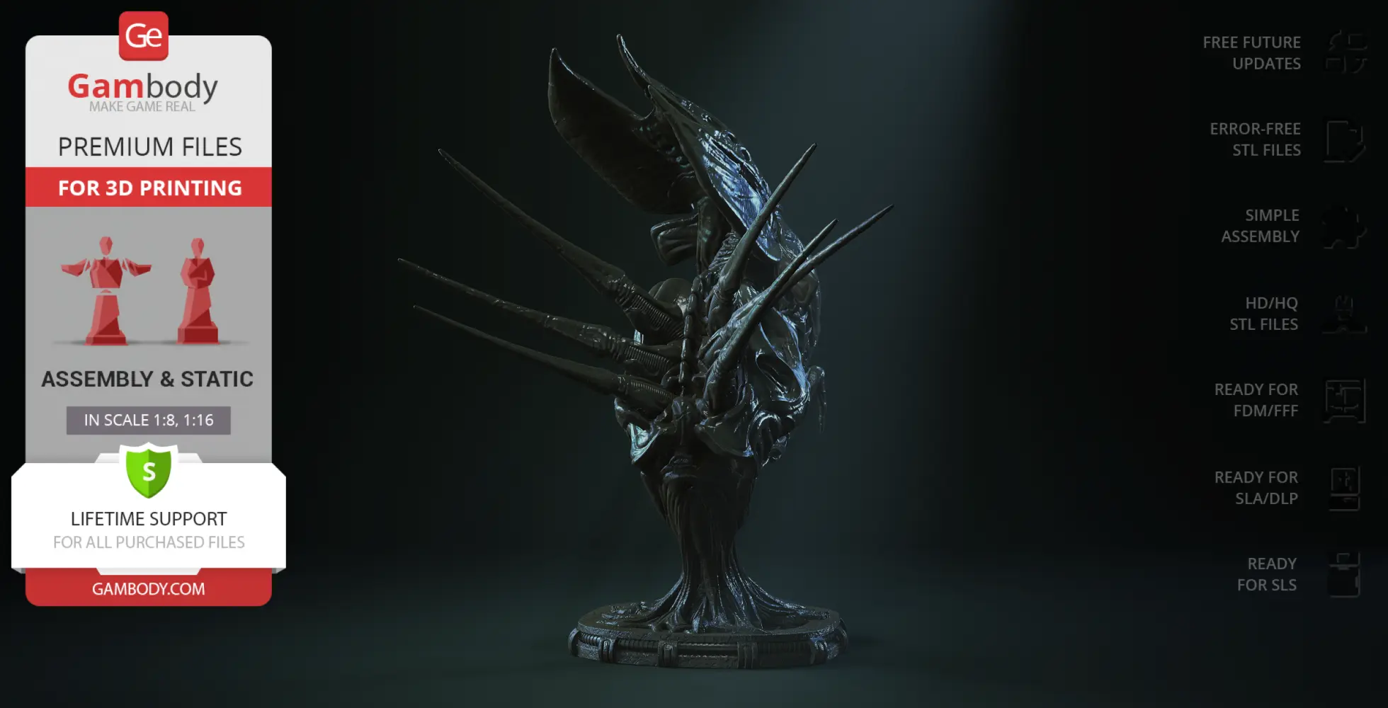 A detailed 3D-printed bust of a Xenomorph Queen, with prominent head crest and spiked features.