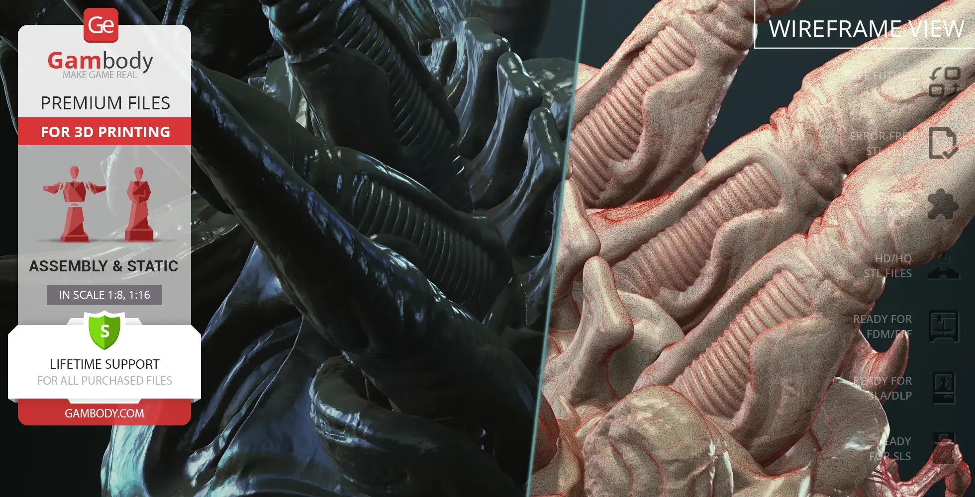 Detailed 3D model of a Xenomorph Queen bust, showing a textured and wireframe view for printing.