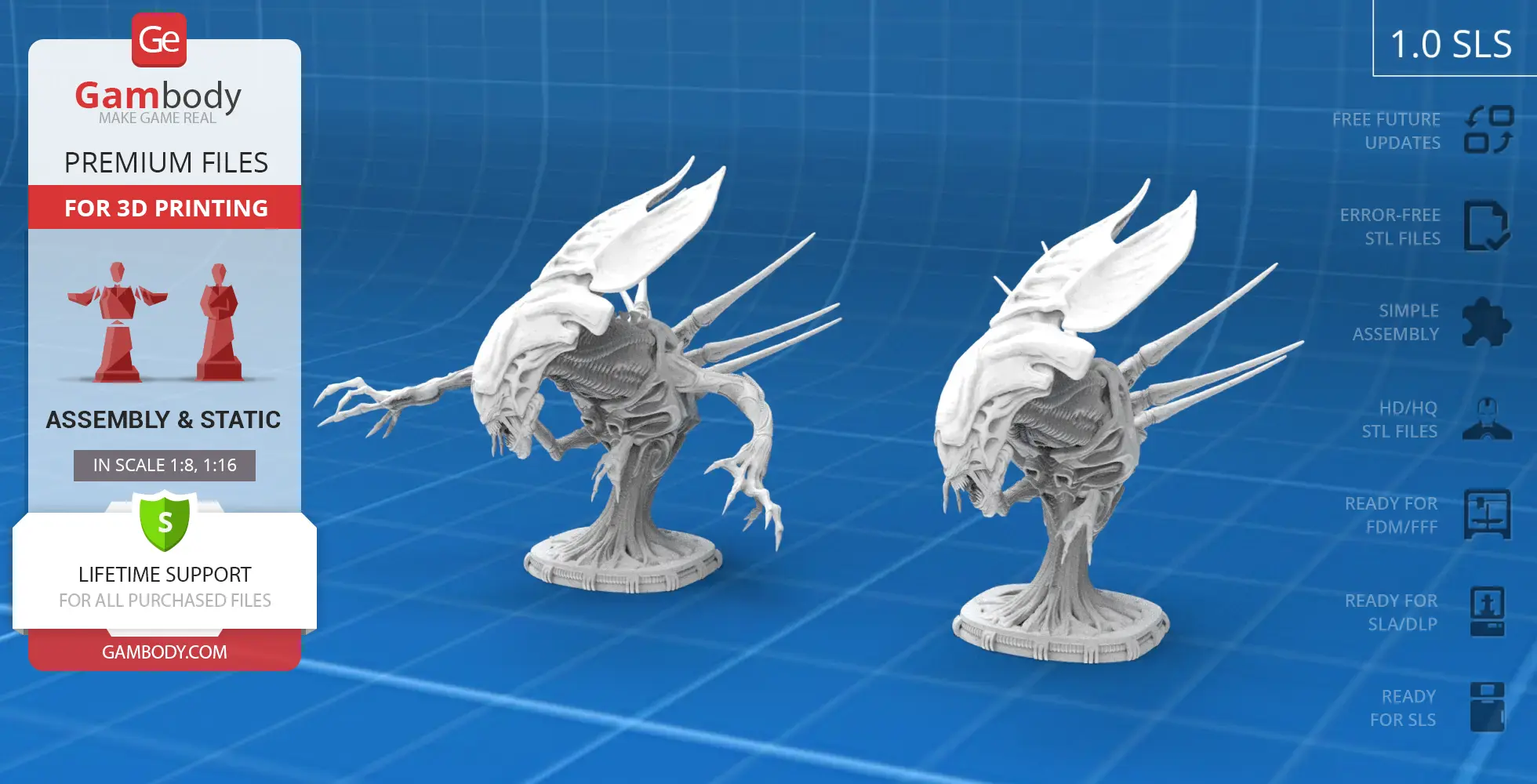 A detailed 3D model of a Xenomorph Queen bust, designed for 3D printing, displayed on a blue background.