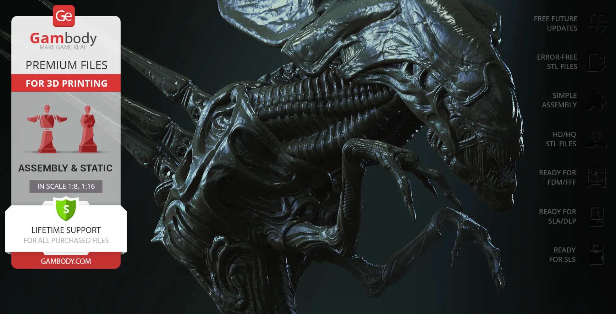 Xenomorph Queen 3D bust with detailed exoskeleton and menacing pose, optimized for 3D printing.
