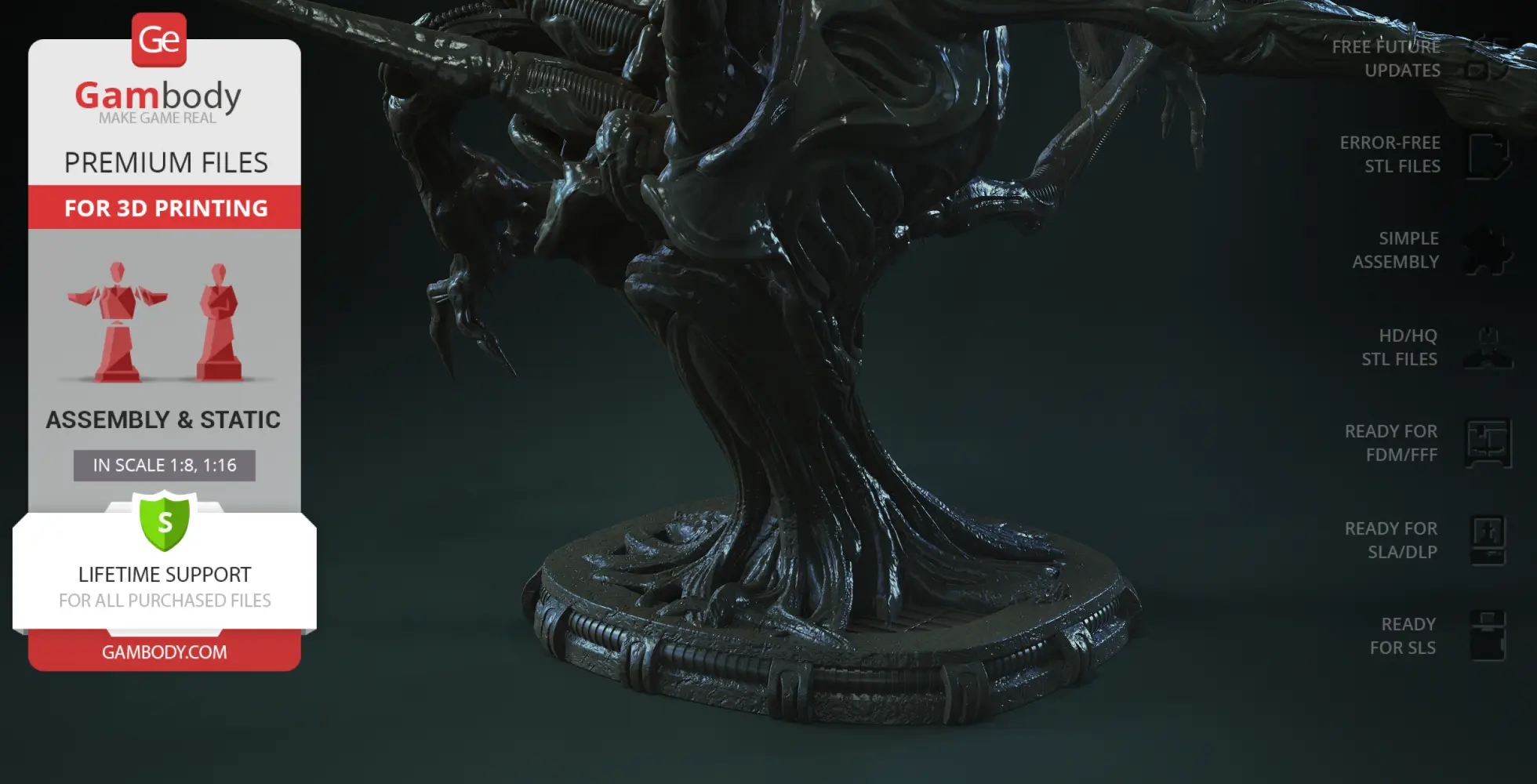 Intricate Xenomorph Queen bust on a detailed base, ready for 3D printing.