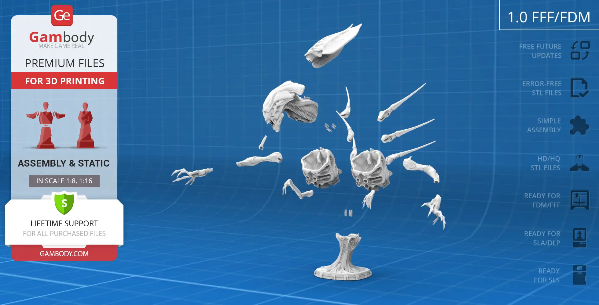 Exploded view of Xenomorph Queen bust parts for 3D printing assembly, displayed on a blue grid background.