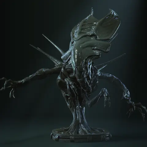 Xenomorph Queen bust model features intricate alien details and an imposing stance, ideal for 3D printing.