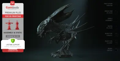 Detailed Xenomorph Queen bust with elongated head and intricate skeletal design, ready for 3D printing.