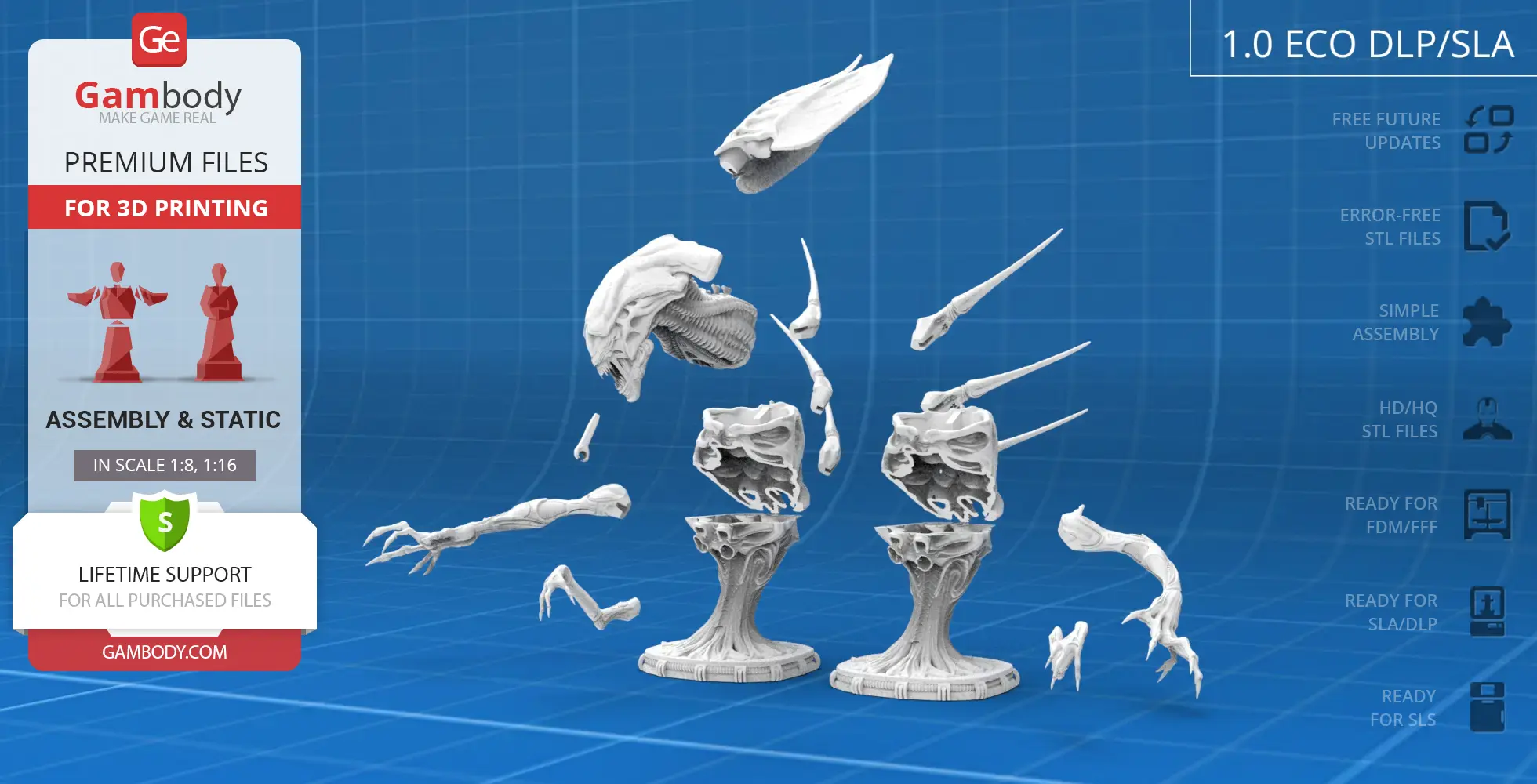 3D printed Xenomorph Queen bust model pieces displayed for assembly.