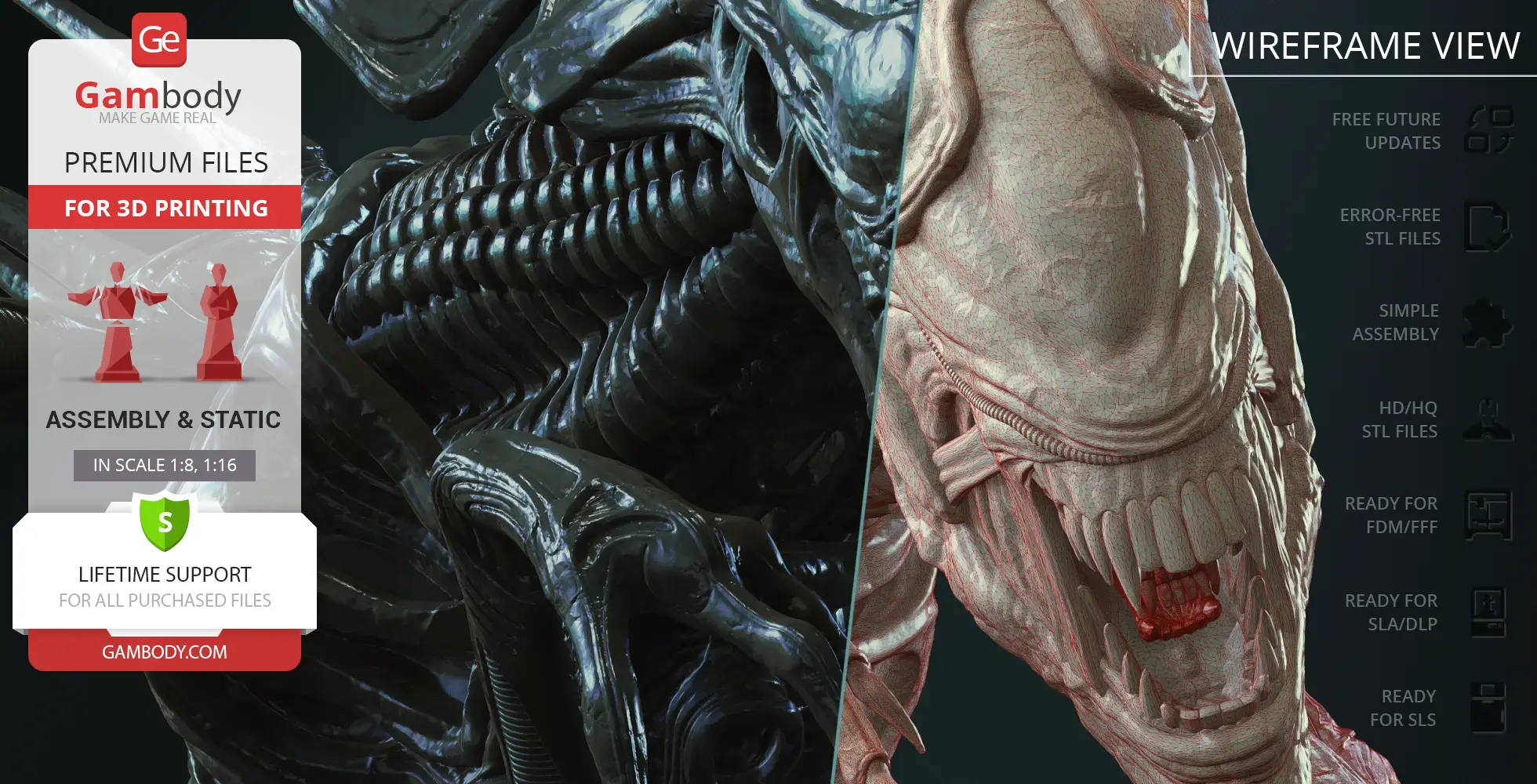 Detailed Xenomorph Queen bust for 3D printing, showing realistic texture and wireframe view.