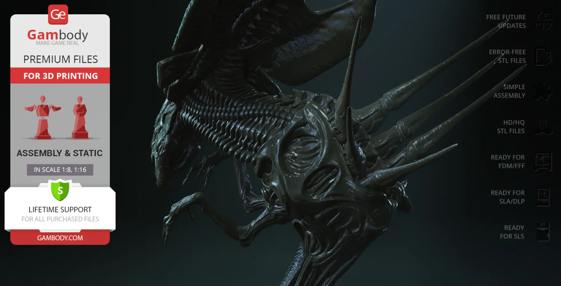 Xenomorph Queen bust model for 3D printing, showcasing intricate alien design, available on Gambody.