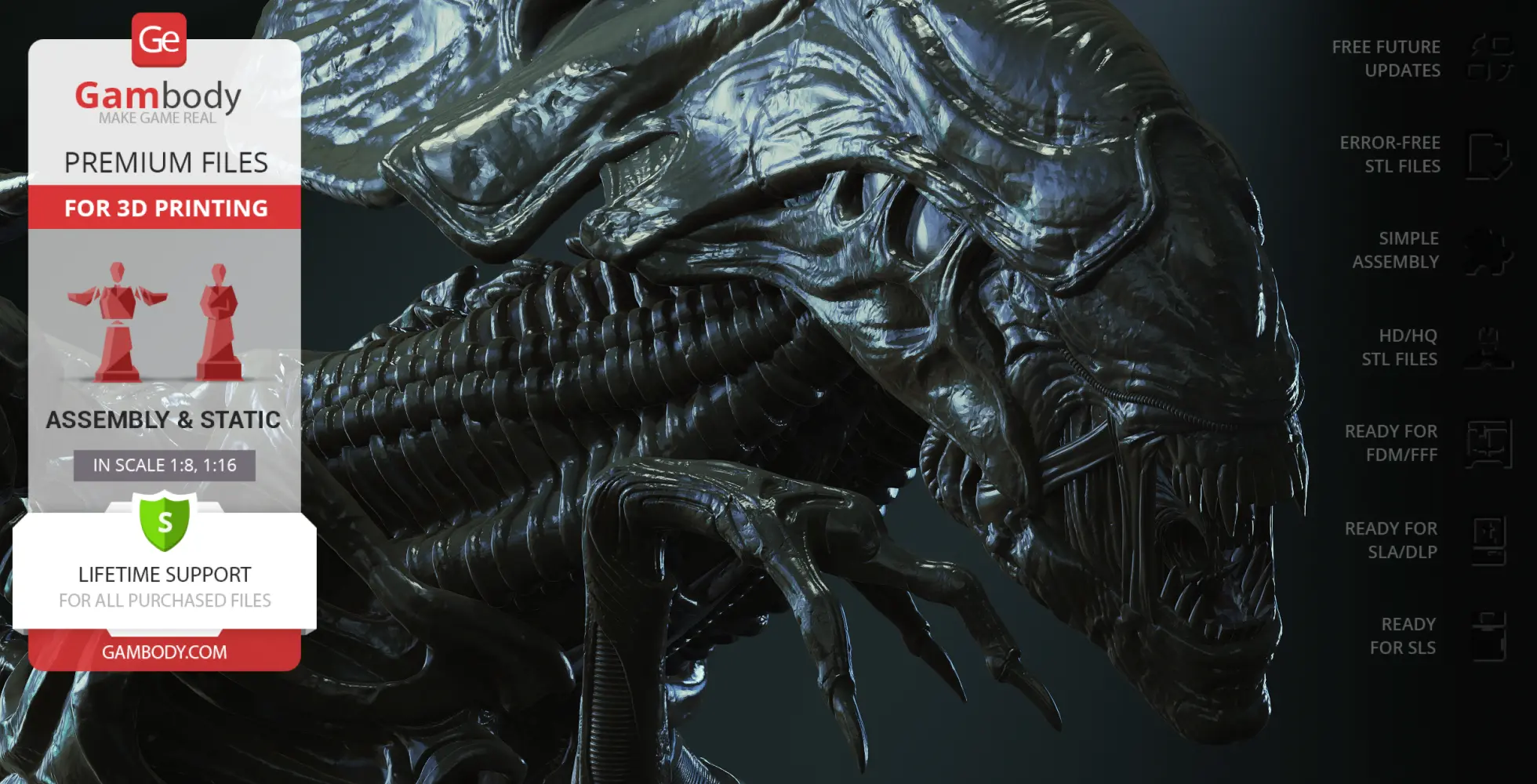 Intricate 3D model of a Xenomorph Queen bust with dark, detailed textures, suitable for 3D printing.