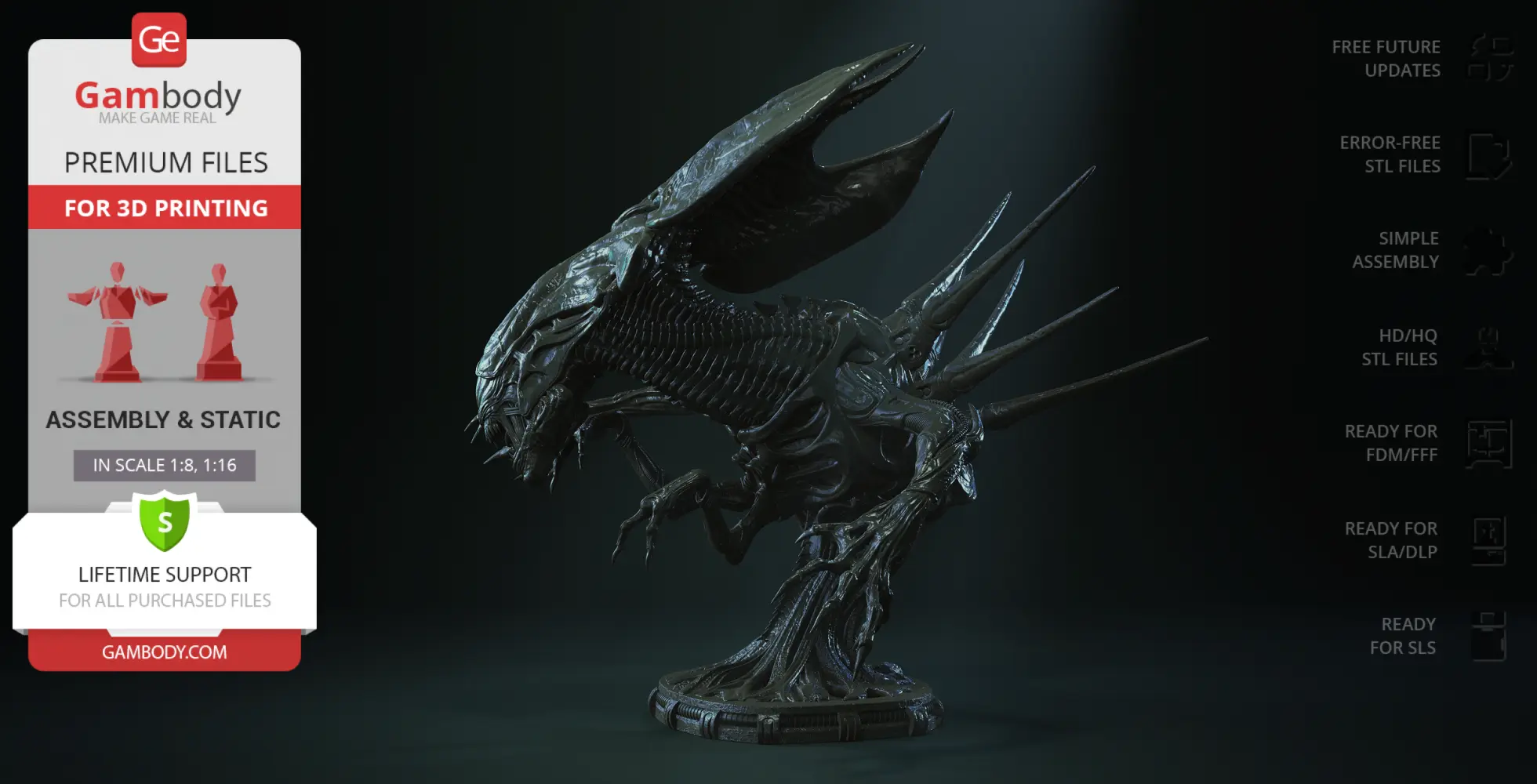 Detailed Xenomorph Queen bust with elongated head and intricate skeletal design, ready for 3D printing.