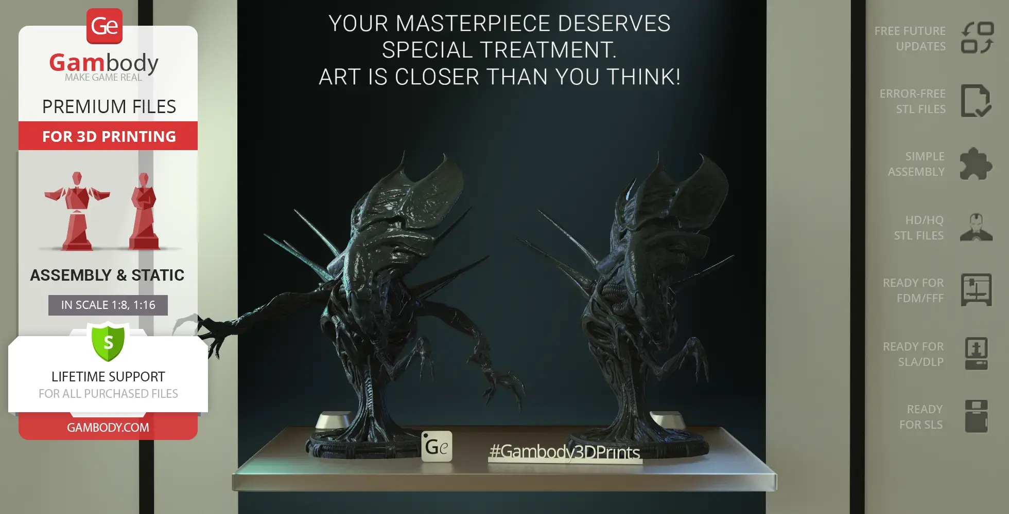 Detailed Xenomorph Queen busts for 3D printing displayed on a shelf under spotlight.