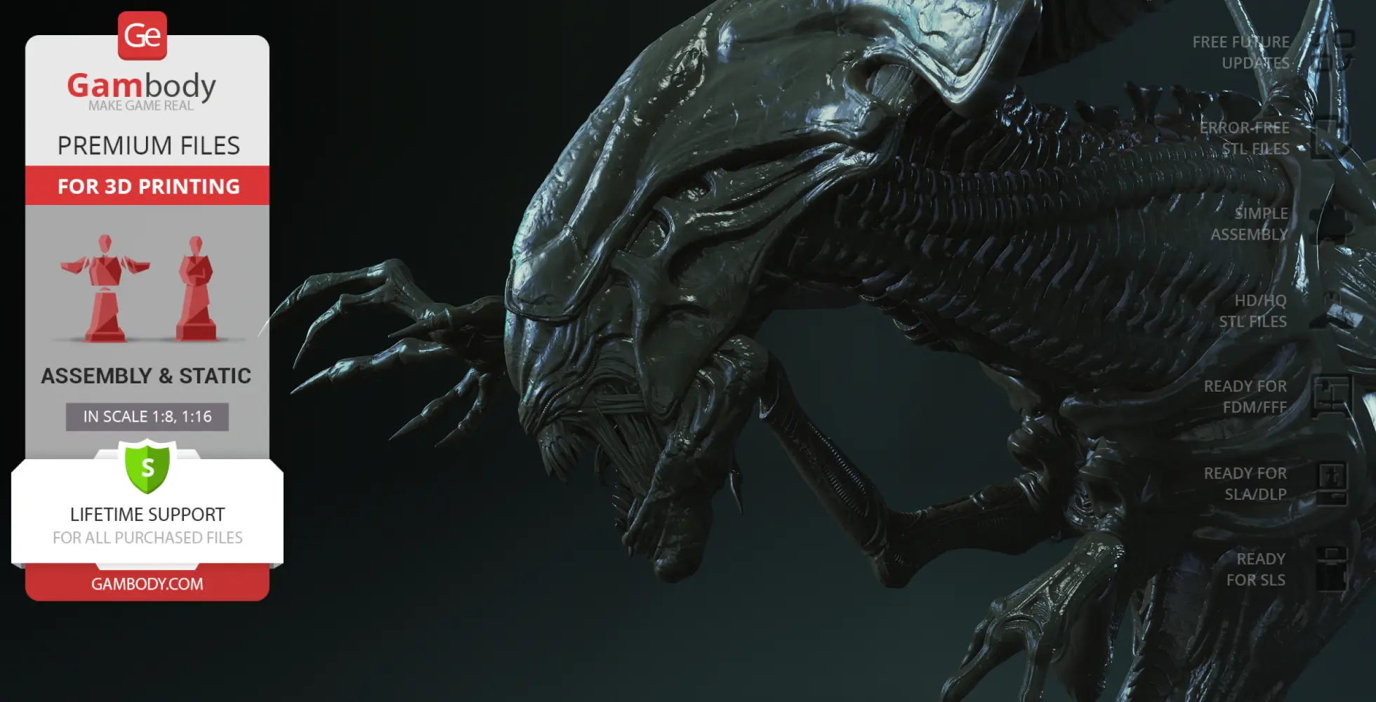 Xenomorph Queen bust with intricate details, ready for 3D printing, side view on dark background.
