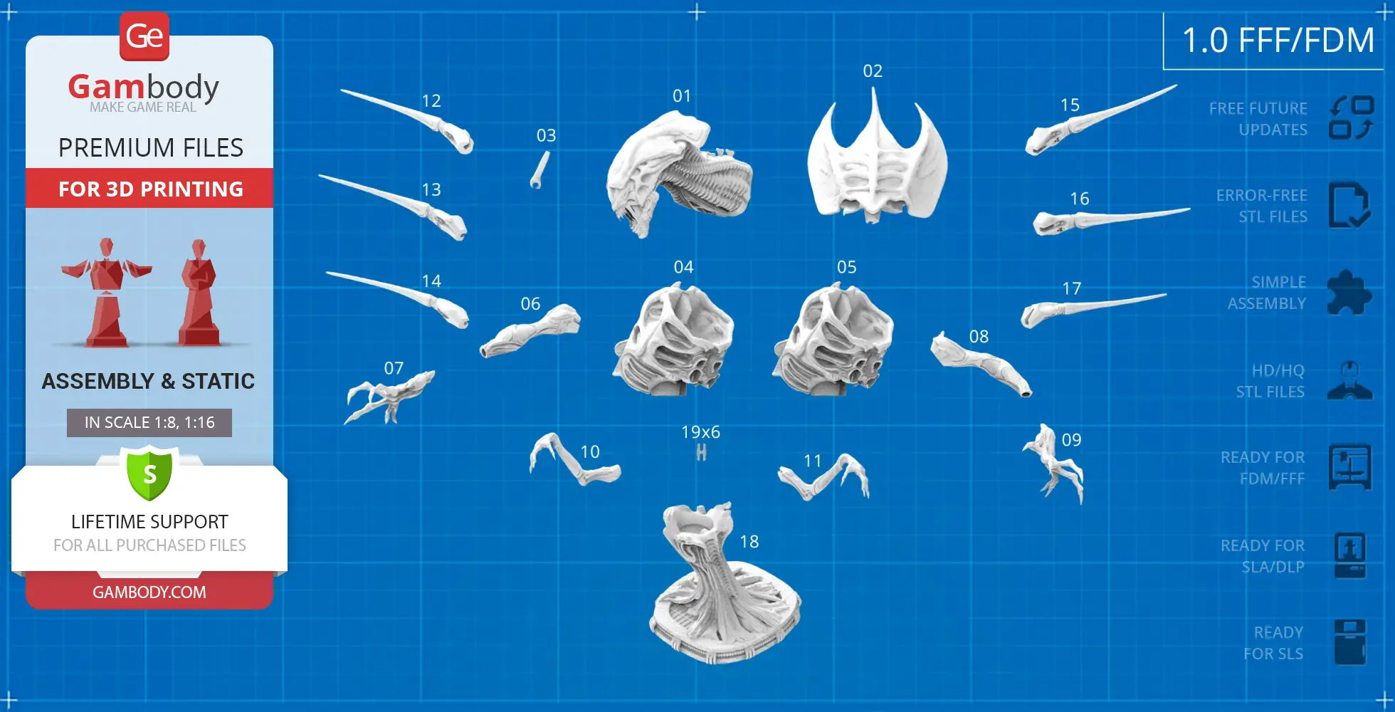 Xenomorph Queen bust 3D model parts laid out on a blueprint-style background for assembly.