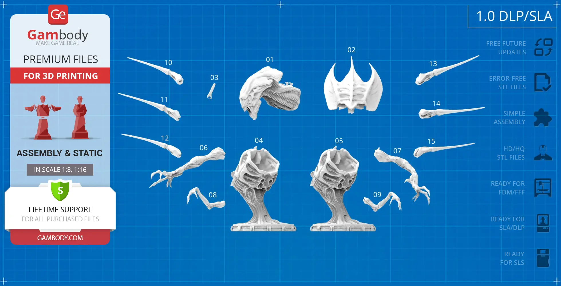 3D printing parts for a Xenomorph Queen bust, labeled and arranged on a blueprint background.