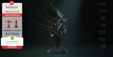 A detailed 3D-printed bust of a Xenomorph Queen, with prominent head crest and spiked features.