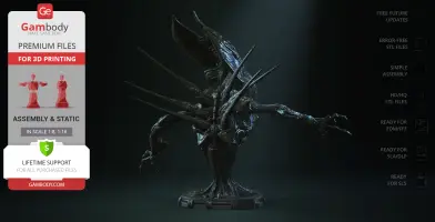 Dark, intricate alien creature bust with elongated head, sharp spines, and detailed base for 3D printing.