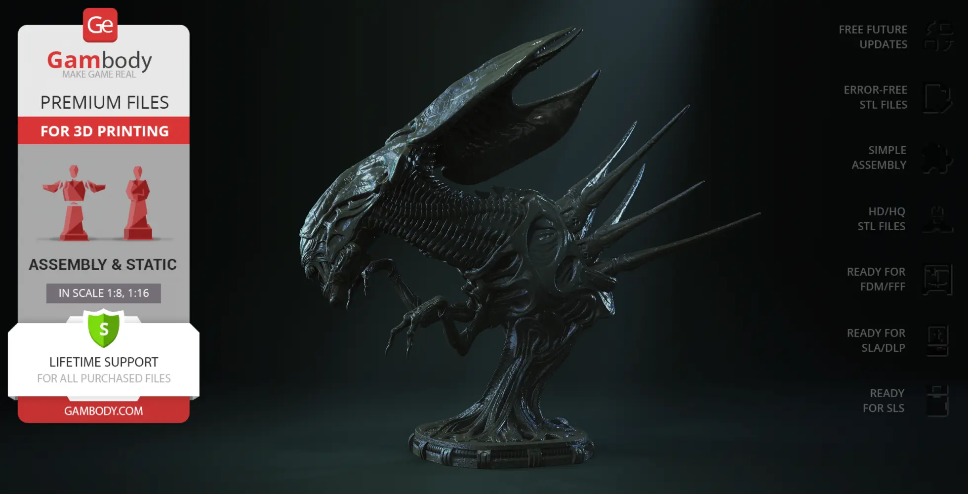 A detailed 3D model of a Xenomorph Queen bust from AvP, with sharp ridges and elongated head.