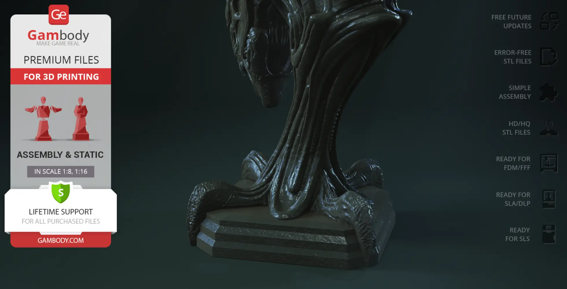 Detailed Xenomorph Queen head on a decorative base, designed for 3D printing by Gambody.