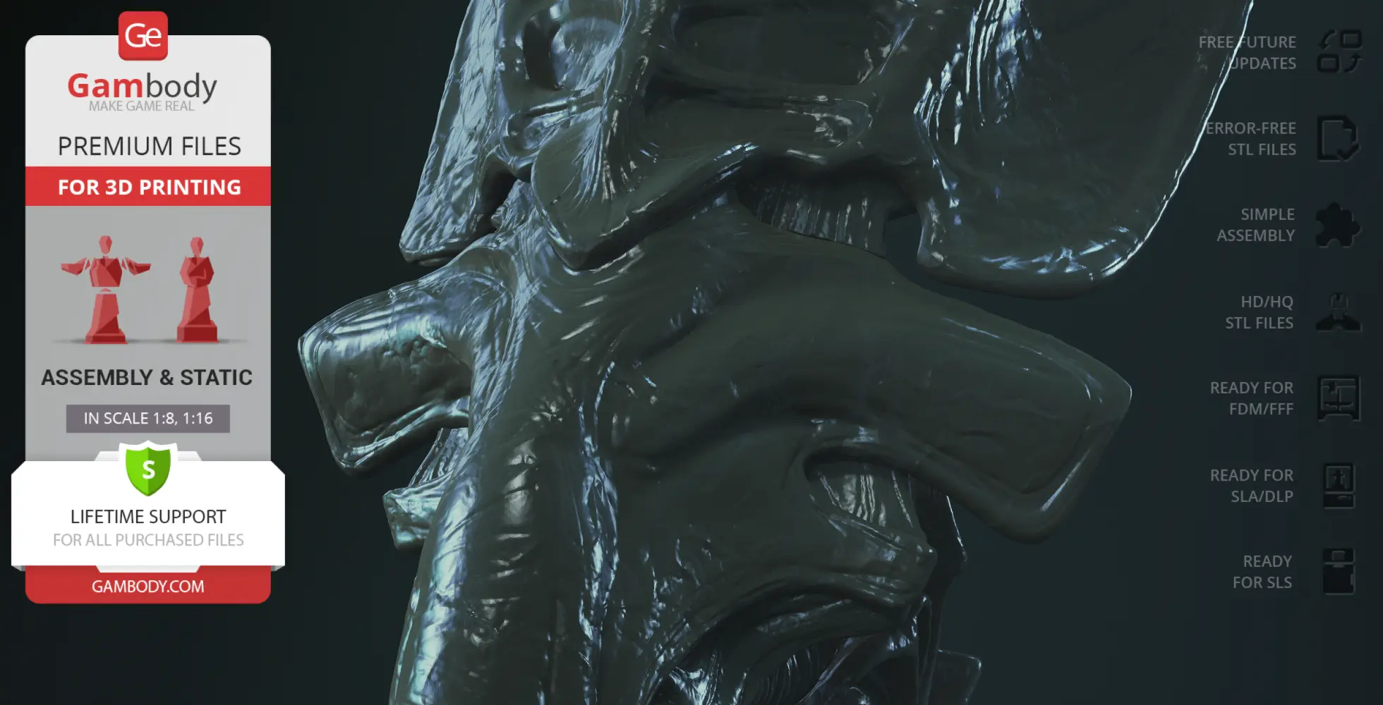 A detailed, glossy Xenomorph Queen head model on a dark background, labeled for 3D printing.