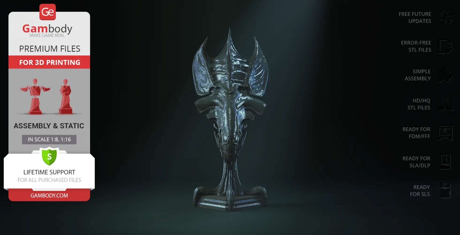 A detailed, dark 3D model of a Xenomorph Queen head, featuring elongated crest and intricate textures.