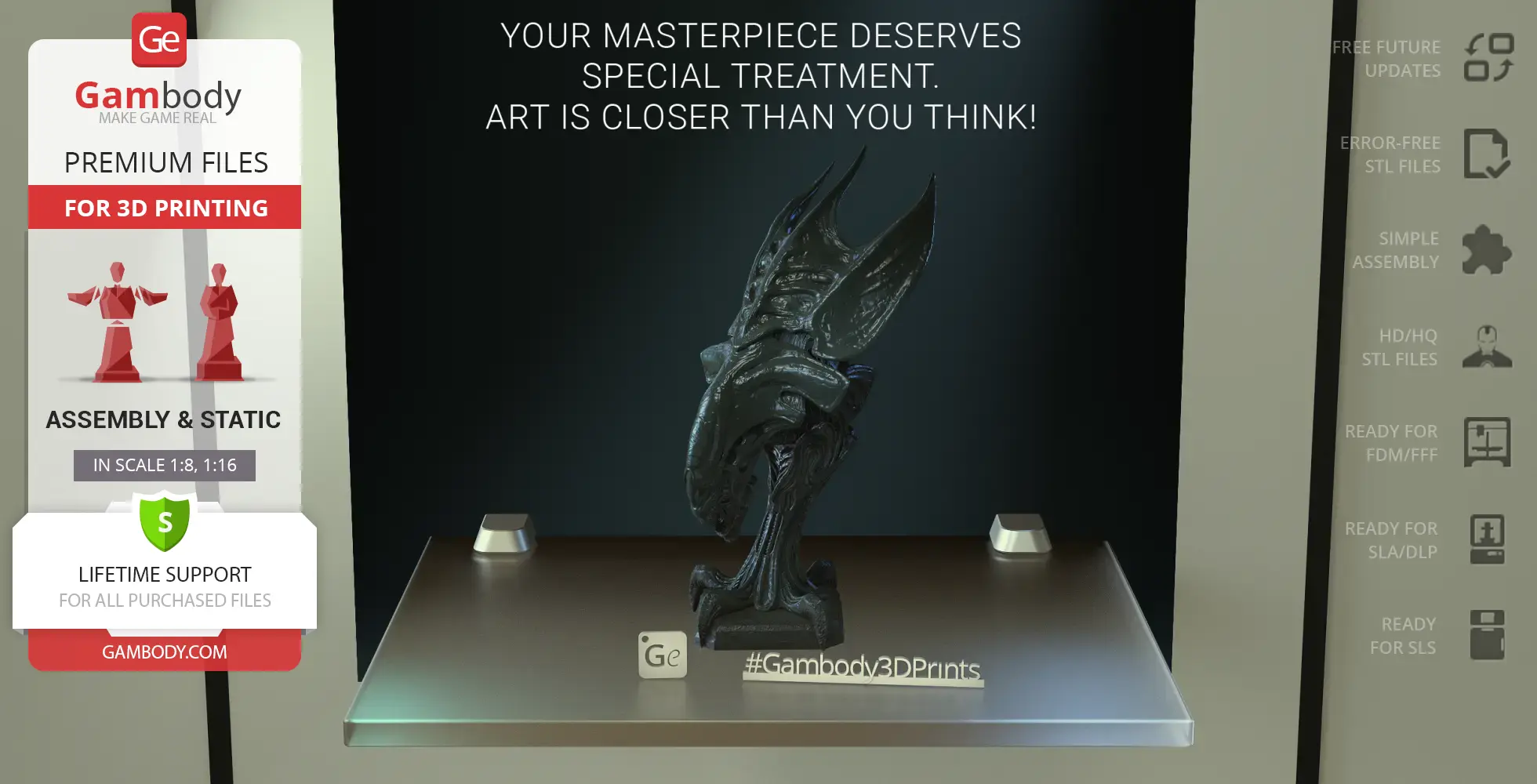 A detailed 3D-printed model of a Xenomorph Queen head displayed on a platform.