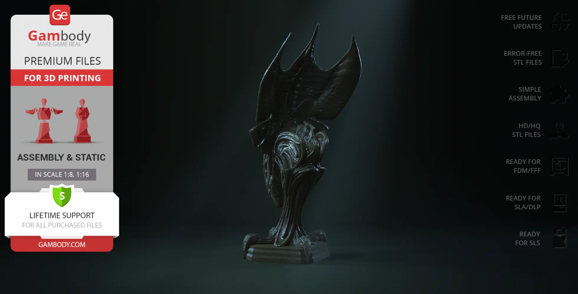 A detailed 3D model of a Xenomorph Queen head on a pedestal, designed for 3D printing, dimly lit.