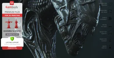 Alien Queen 3D model for printing, with intricate exoskeleton details and a dark, glossy surface.