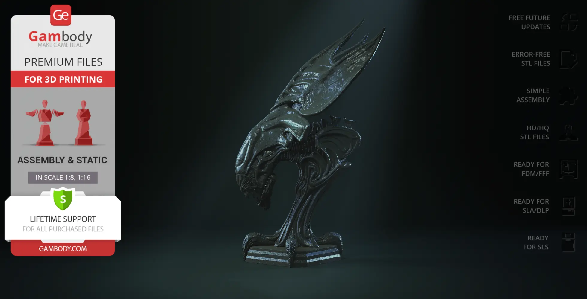 Intricate Xenomorph Queen head 3D model on a decorative stand, designed for 3D printing.