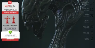 Intricate alien queen head 3D model with detailed textures, suitable for 3D printing.