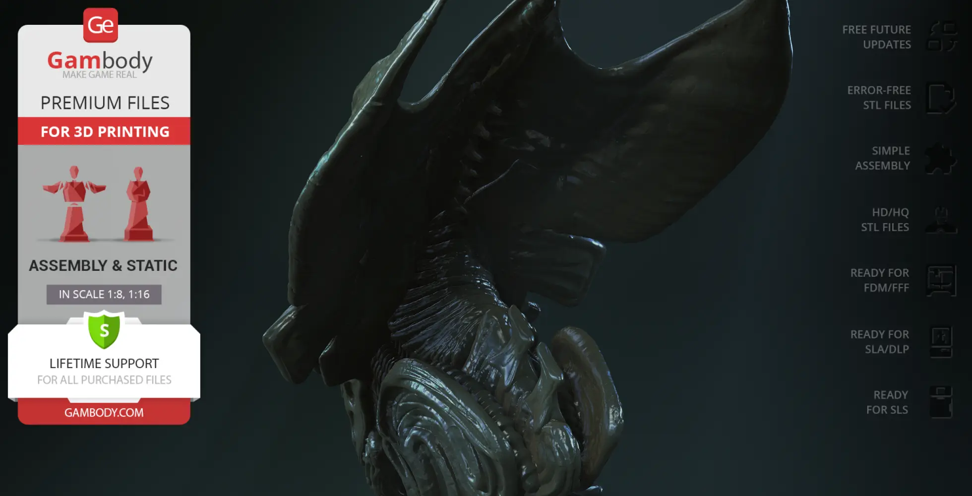 A detailed 3D model of a Xenomorph Queen head with intricate textures on a dark background.