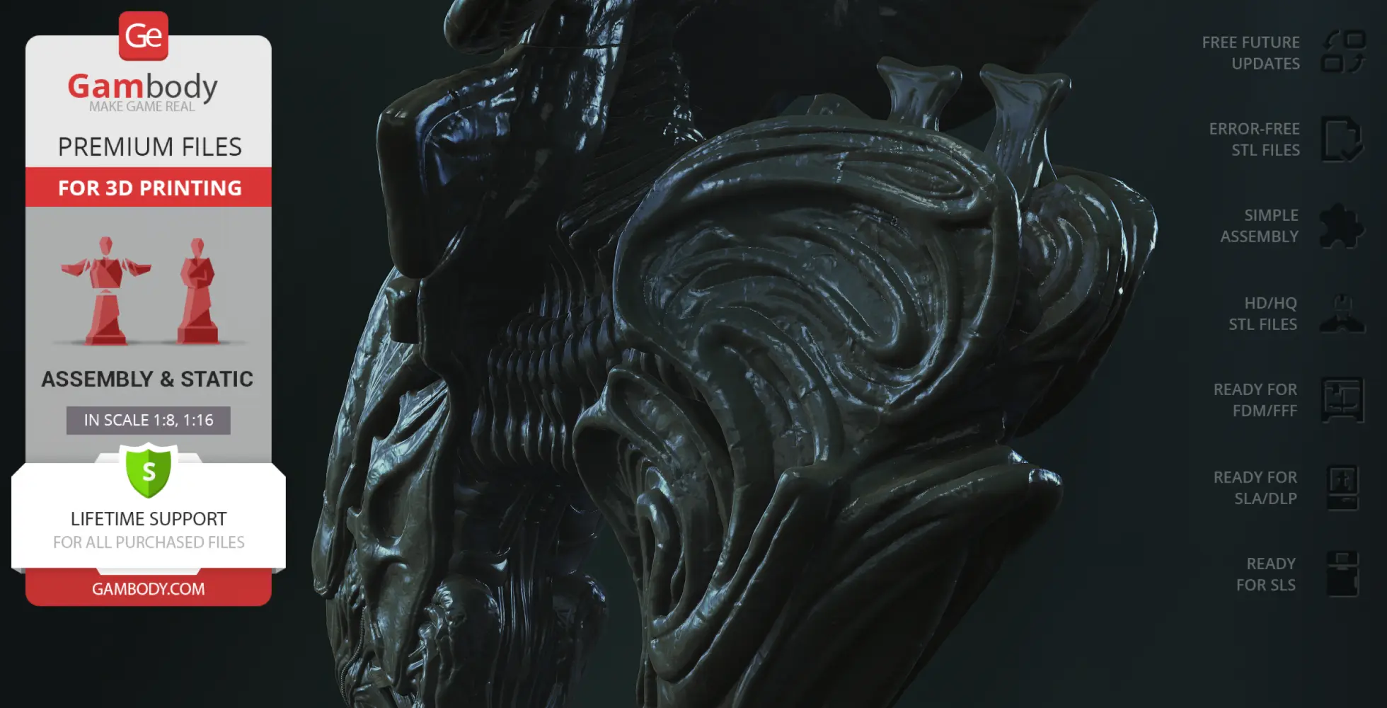 Detailed 3D model of a Xenomorph Queen's head with intricate textures for 3D printing.