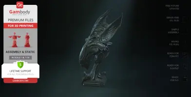 Intricate Xenomorph Queen head sculpture with elongated, detailed features on a display stand.