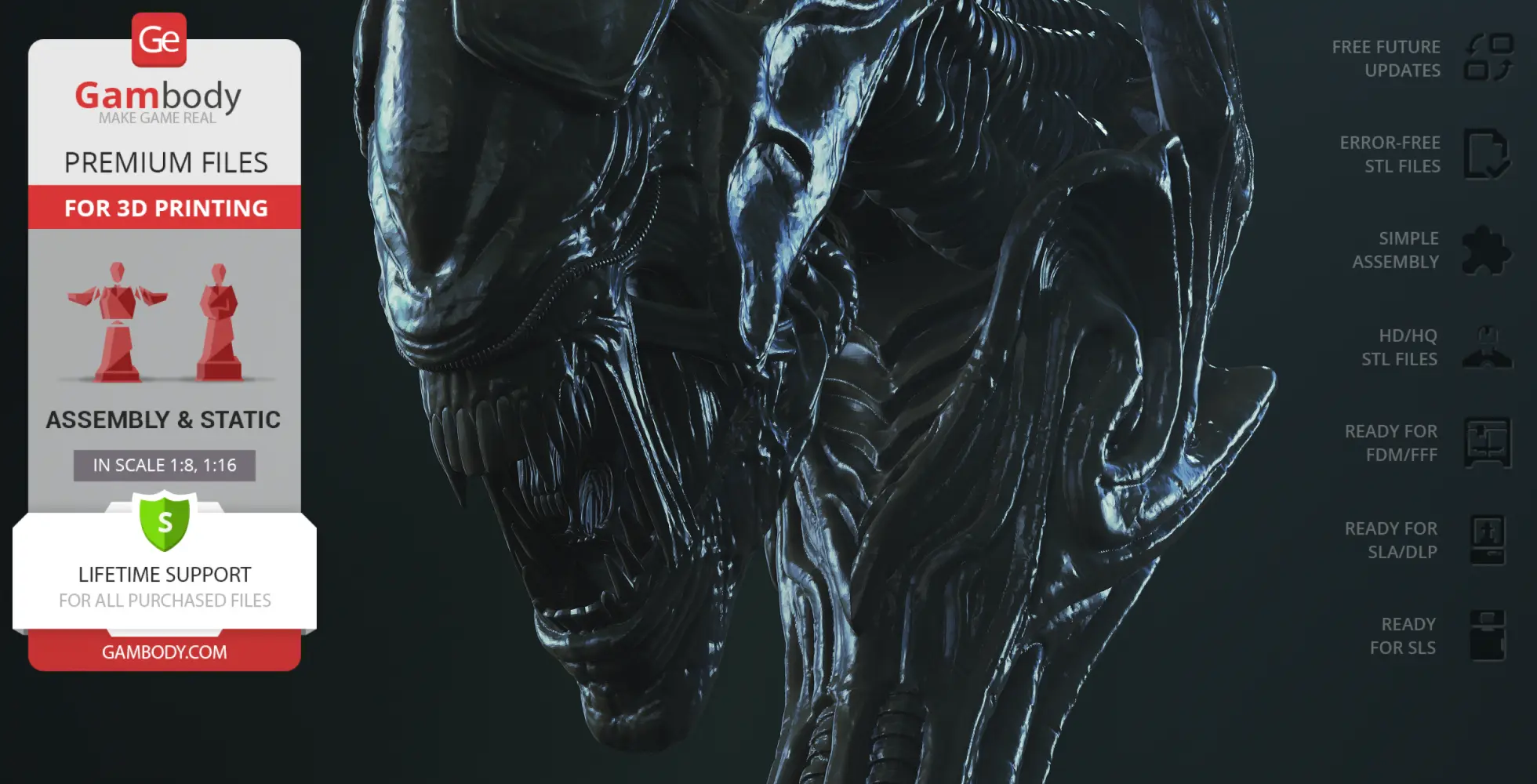 Xenomorph Queen head model for 3D printing, showcasing intricate alien details and textures.