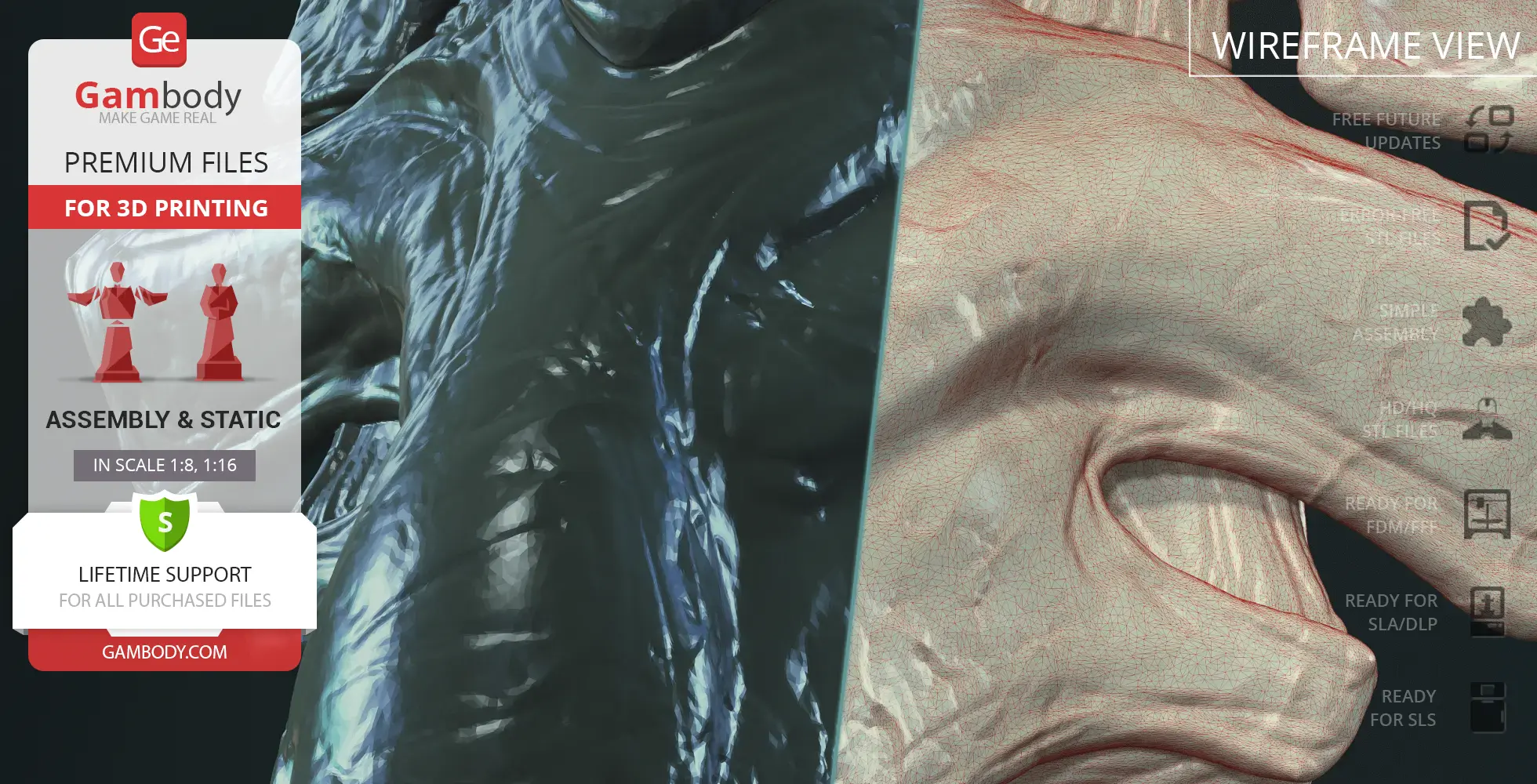 3D model of a Xenomorph Queen head, showing textured and wireframe views for 3D printing.