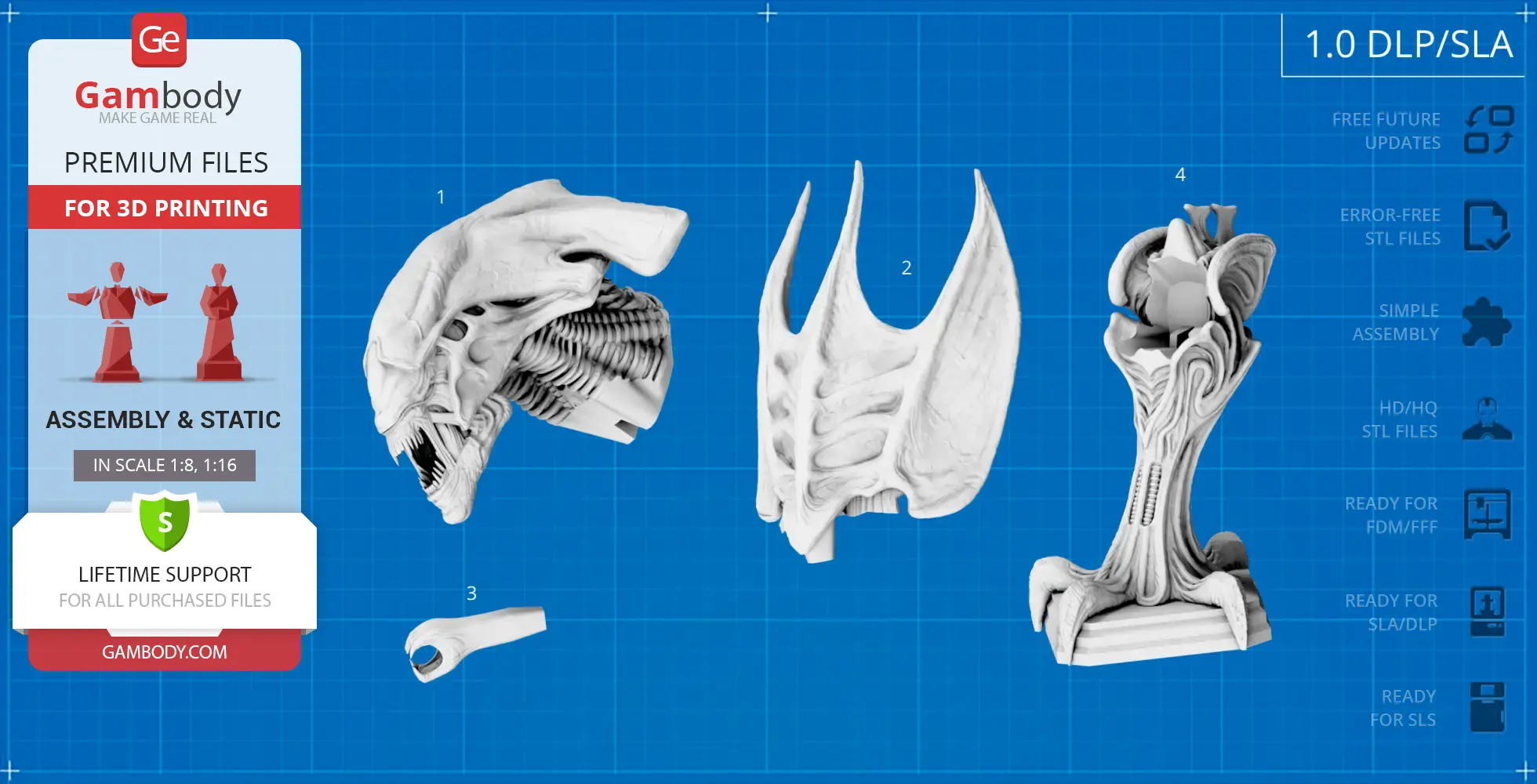 Xenomorph Queen head and parts for 3D printing on a blue grid background.