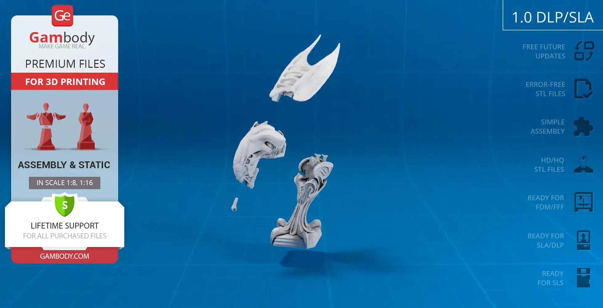 3D model of a Xenomorph Queen head showing segmented parts for assembly on a blue background.