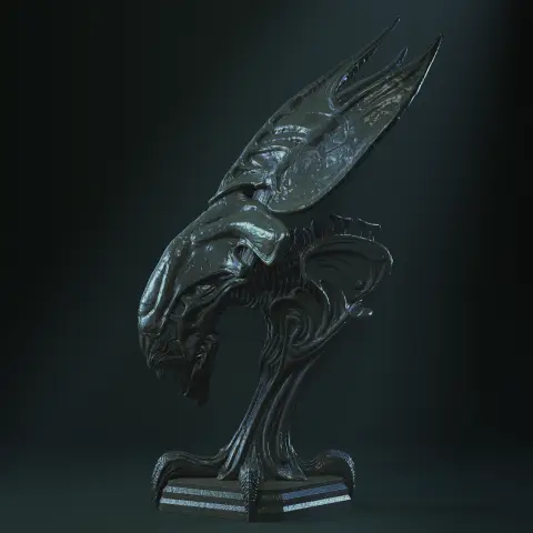 Alien queen head model with elongated, detailed features on a dark stand, designed for 3D printing.