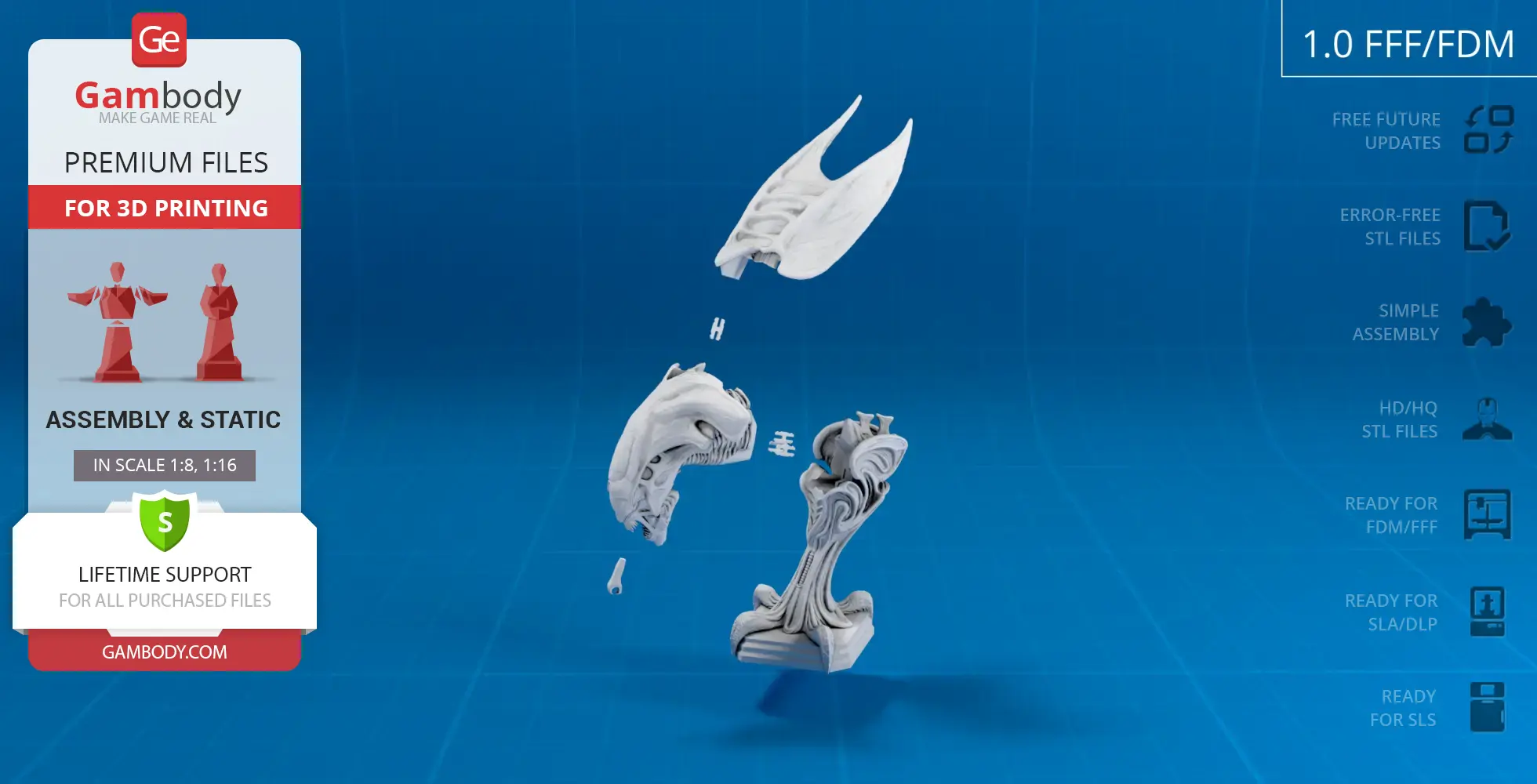 Exploded view of a Xenomorph Queen head 3D model for assembly and printing, shown on a blue background.