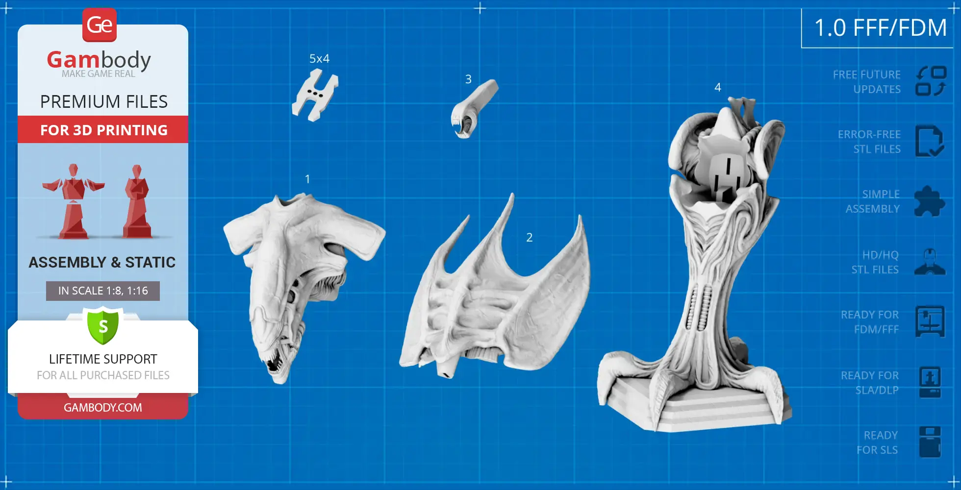 Disassembled Xenomorph Queen head model in pieces for 3D printing, displayed on a blueprint background.