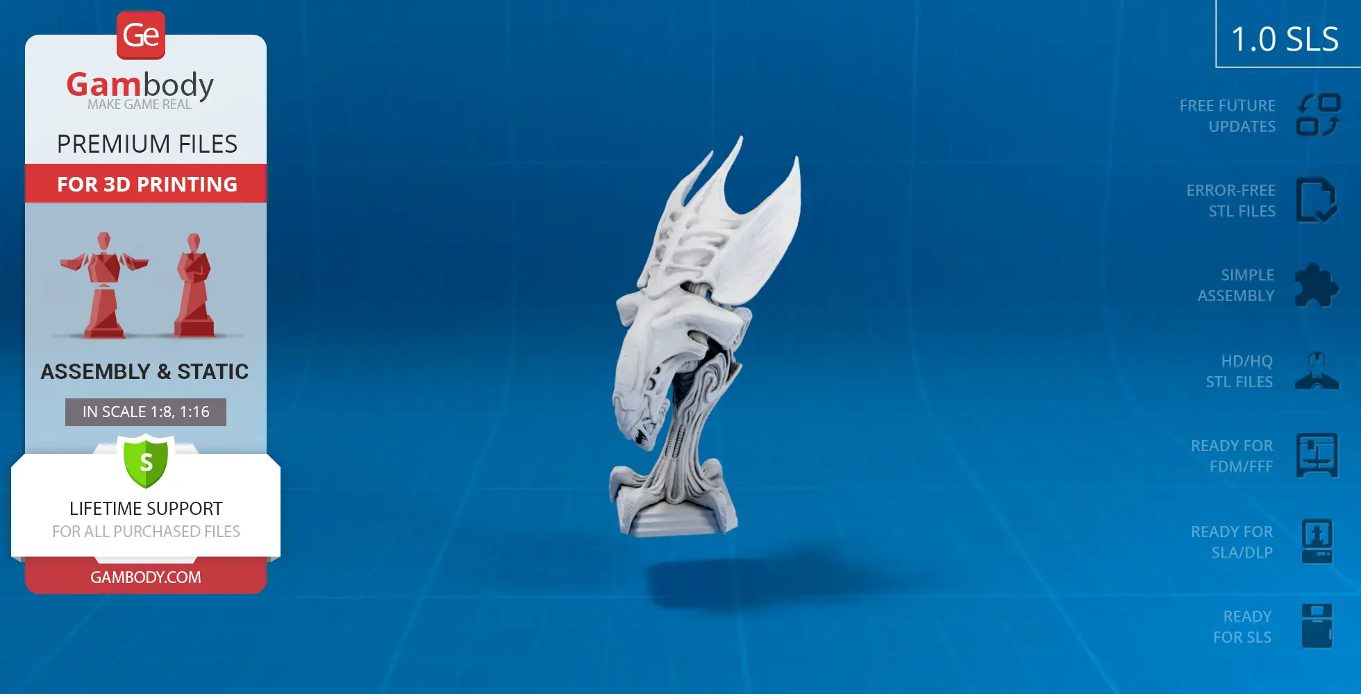 A 3D model of a Xenomorph Queen head with intricate details, displayed on a blue background.