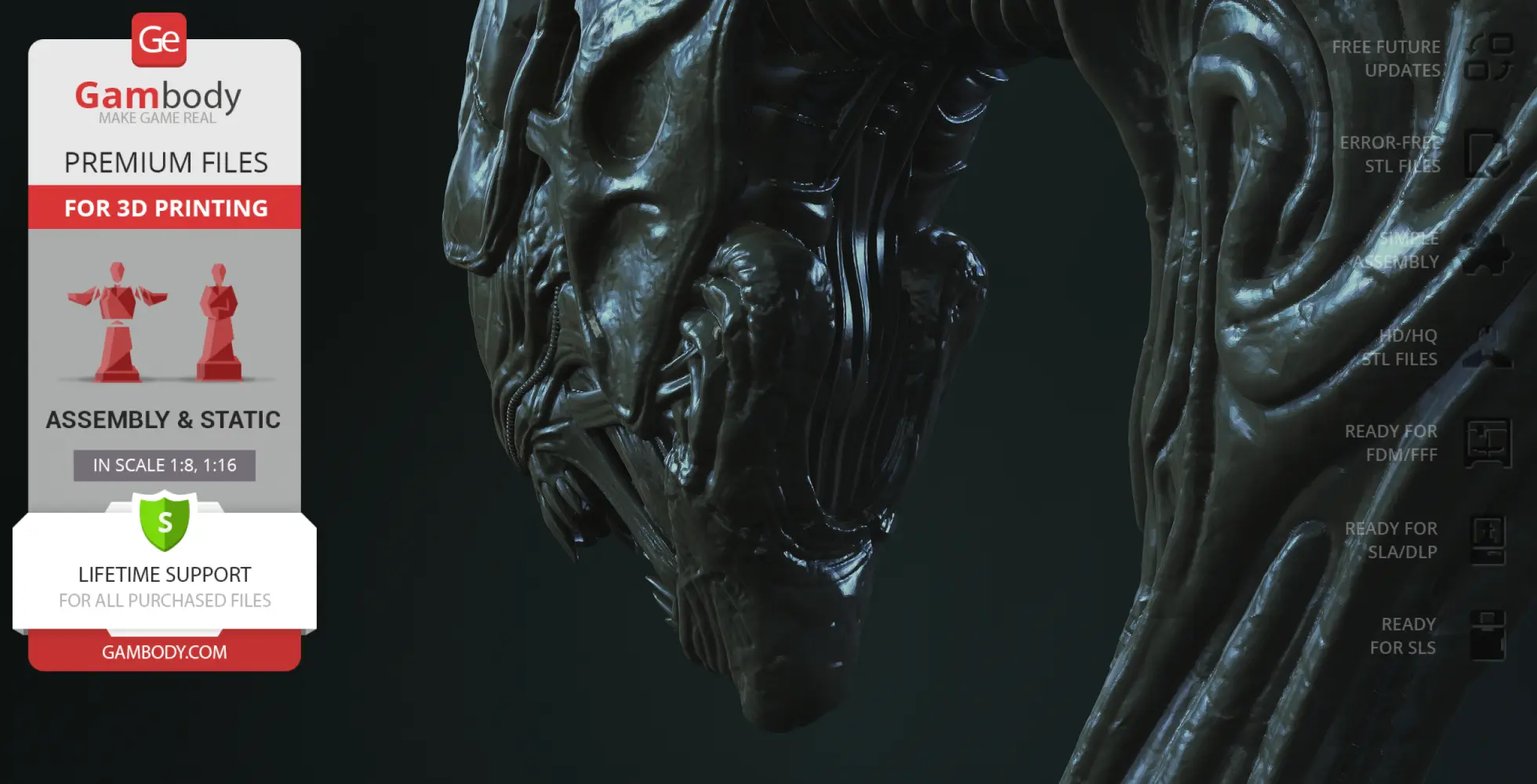 Close-up of a detailed, dark, biomechanical alien queen head model for 3D printing, with intricate textures.