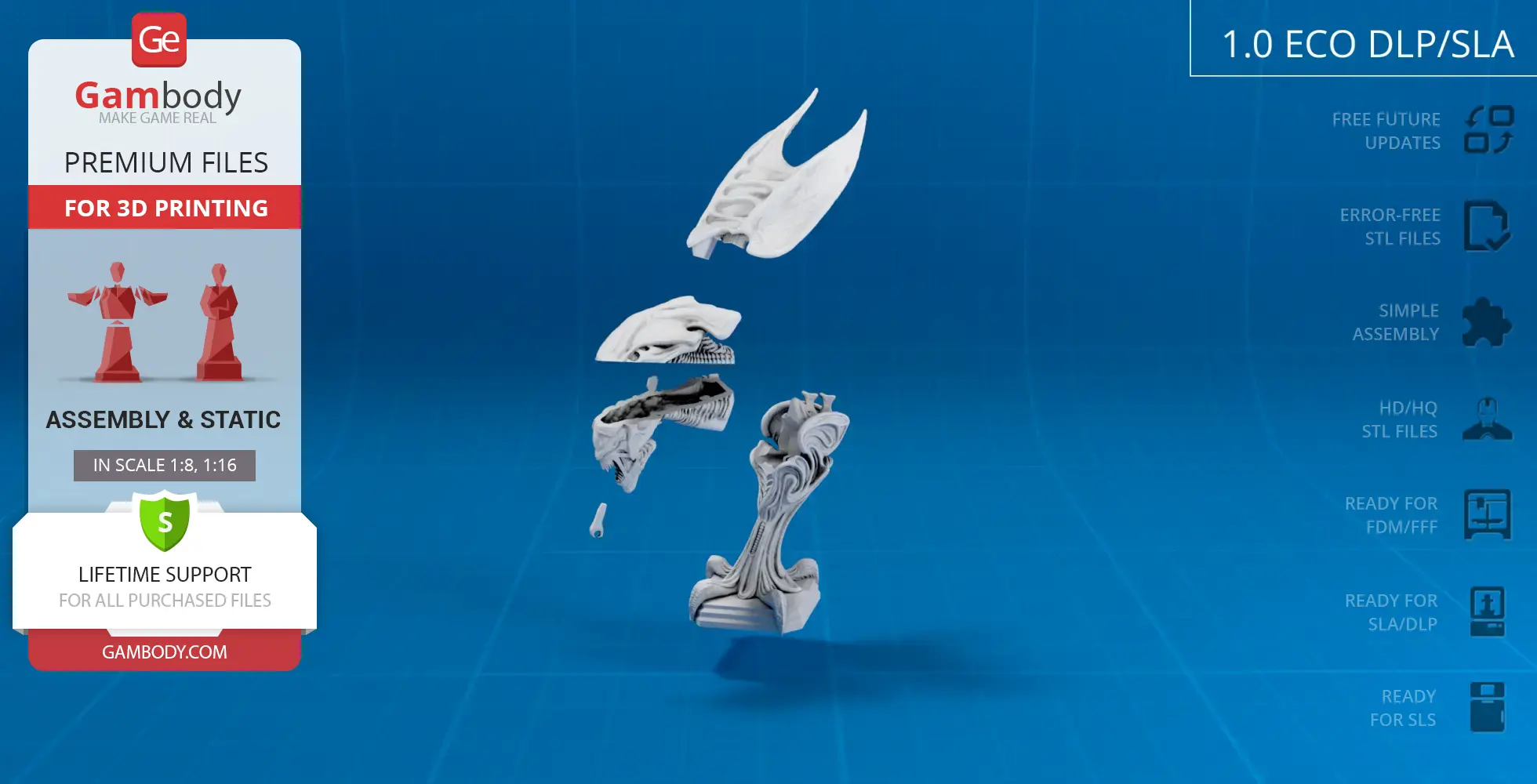 Exploded view of a Xenomorph Queen head model for 3D printing, featuring multiple detailed parts.