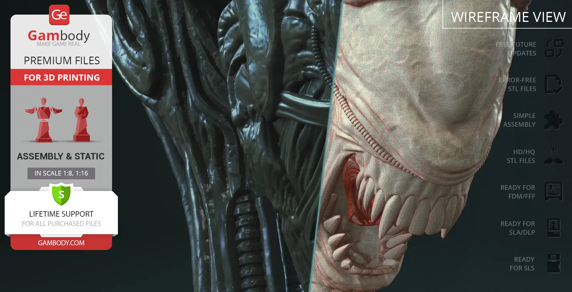 Close-up of a detailed Xenomorph Queen head model, showcasing intricate textures and sharp features.