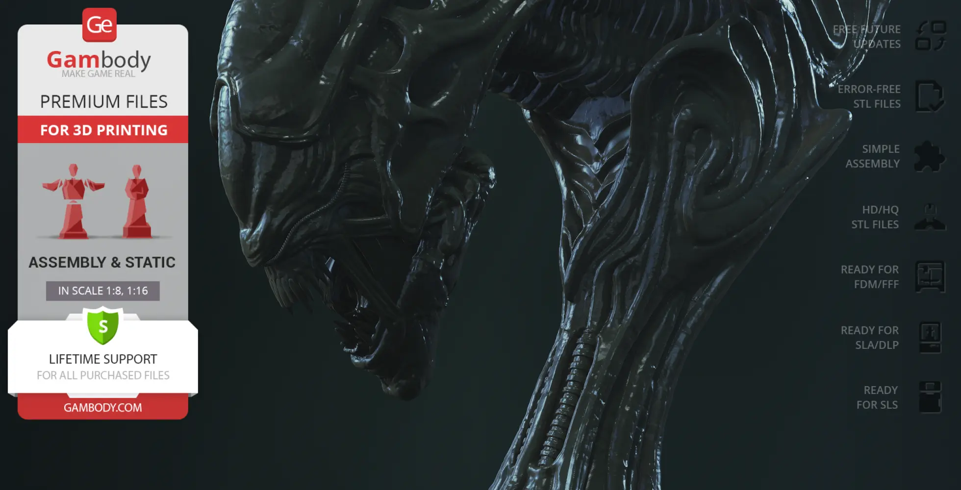 Intricate alien queen head 3D model with detailed textures, suitable for 3D printing.