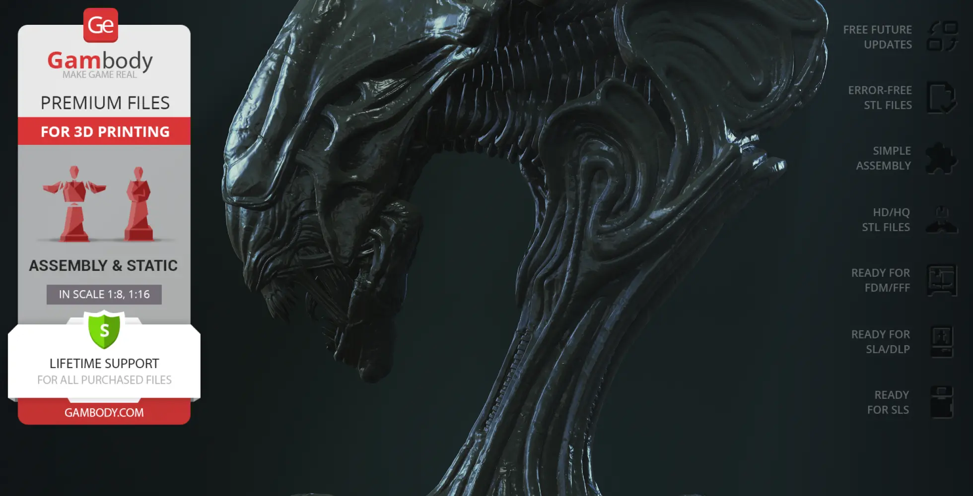 Sculpted Xenomorph Queen head model for 3D printing, featuring intricate biomechanical details.